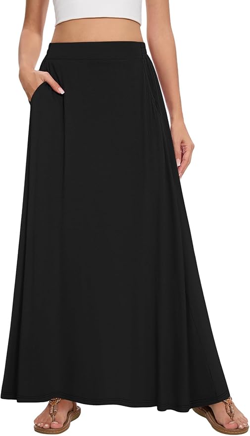 Womens Maxi A-line Long Skirt Casual 2026 Elastic High Waist Flowy Skirts with Pockets